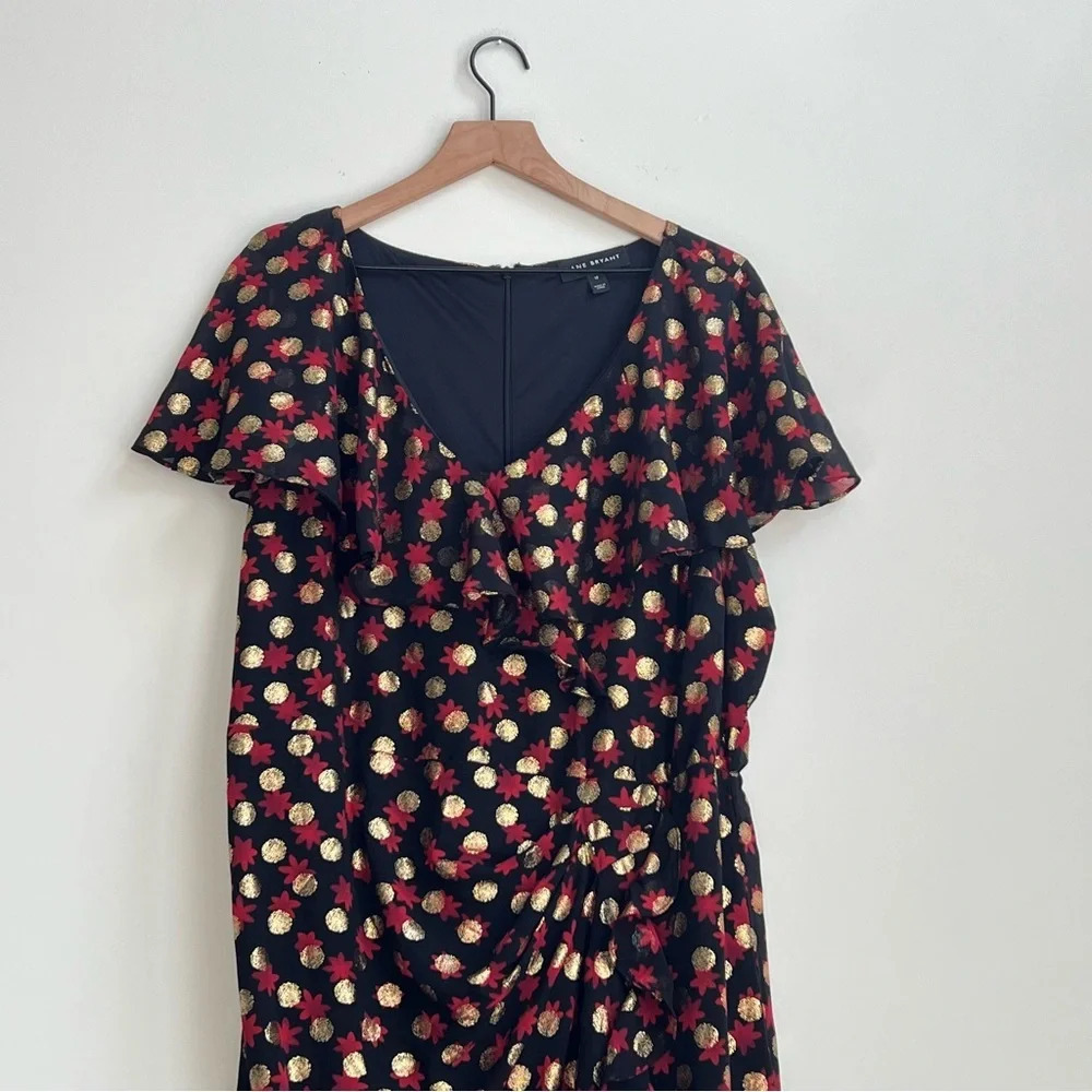 Lane Bryant 18 Surplice Frilly Ruffled Fitted Midi Dress Haley Floral Gold Dot - Picture 7 of 14